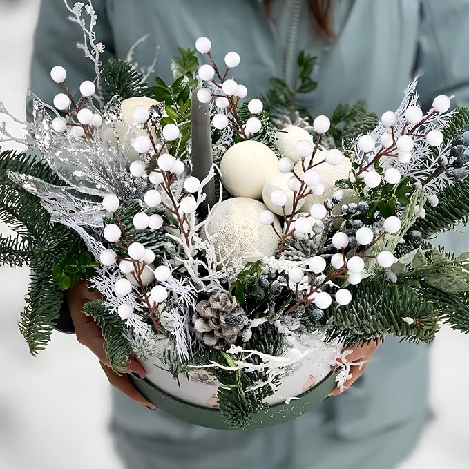 40 Pcs Artificial Berry Stems Branches, Christmas White Faux Holly Berries - Image 4
