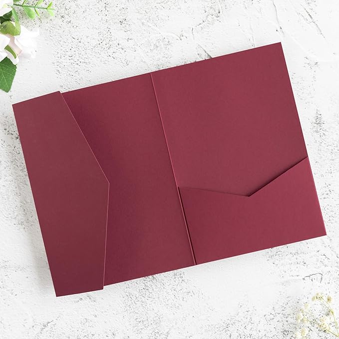 20 PCS Burgundy Tri-fold Laser Cut Wedding Invitation Pockets - Image 4