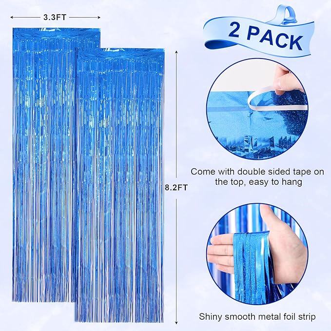 2 Pack Laser Blue Foil Fringe Backdrop Curtains, Tinsel Streamers Birthday - Image 3
