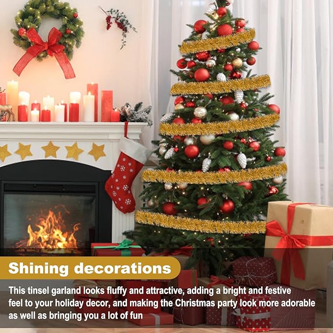 25 Feet Champagne Gold Christmas Tinsel Garland, Metallic Foil Twist Garland - Image 4