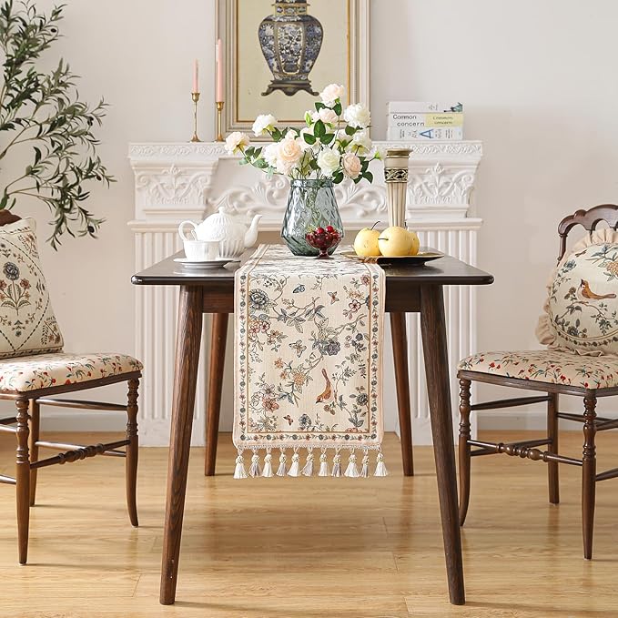 ISAENNE Designer Linen Table Runner 118 Inches Extra Long, Elegant Floral Bird - Image 3
