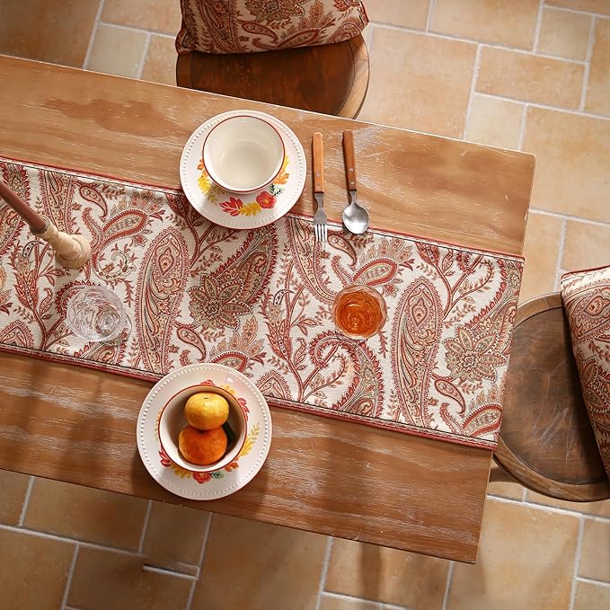 ISAENNE Designer Elegant Red Linen Extra Long Table Runner 118 Inches, Vintage - Image 7