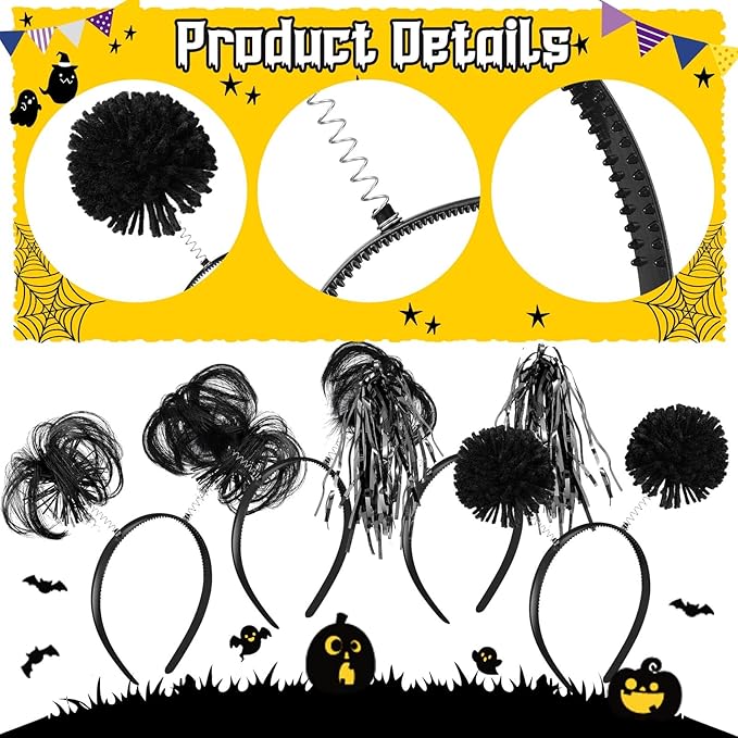 Censen 12 Pcs Halloween Pom Pom Party Headbands Tinsel Ponytails Spirit Head - Image 3