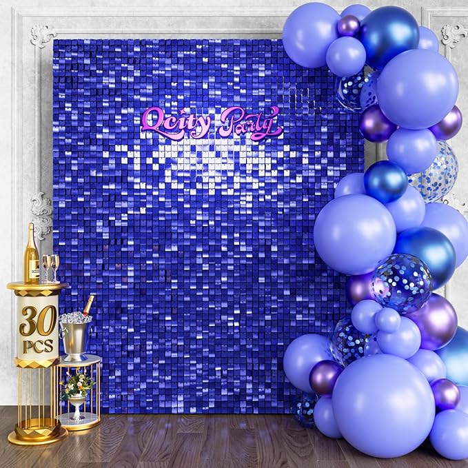 Qcity Blue Shimmer Wall Backdrop 30PCS, Square Sequin Glitter Backdrop Panel by QCITY
