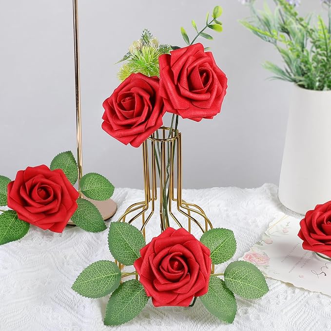 AmyHomie Artificial Flowers Red Rose 50pcs Real Looking Fake Roses w/Stem - Image 6