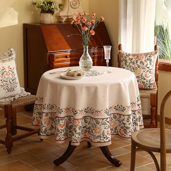 ISAENNE Floral Tablecloth for Round Tables, Linen Table Cloth - Image 3