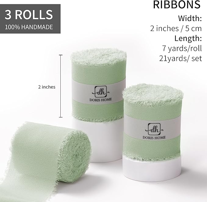 DORIS HOME Sage Green Chiffon Ribbon - Image 3