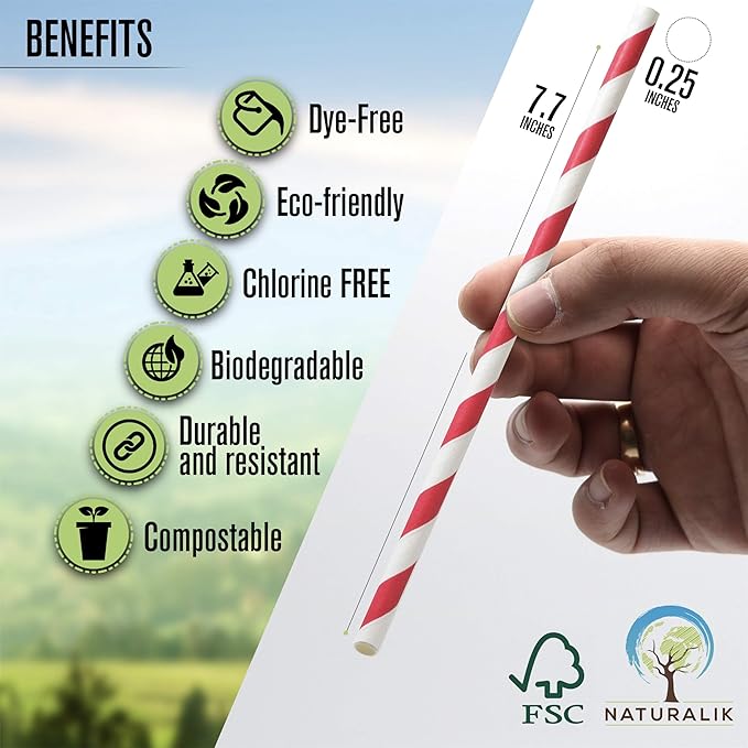 300 Pack Extra Durable Red Paper Straws Biodegradable- Heavy Duty Eco-Friendly - Image 2