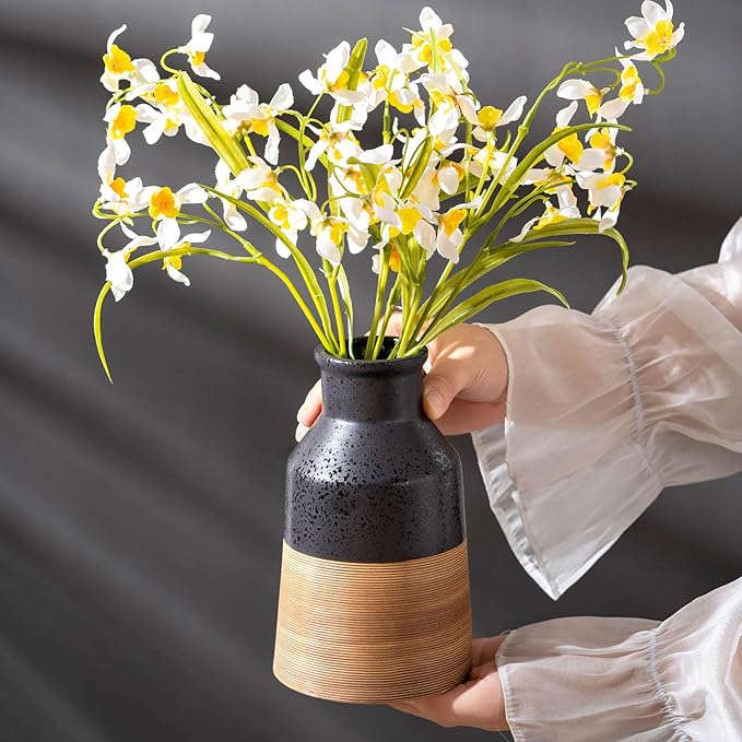 Black and Brown Rustic Farmhouse Floral Ceramic Striped Vase, Modern Antique - Image 3