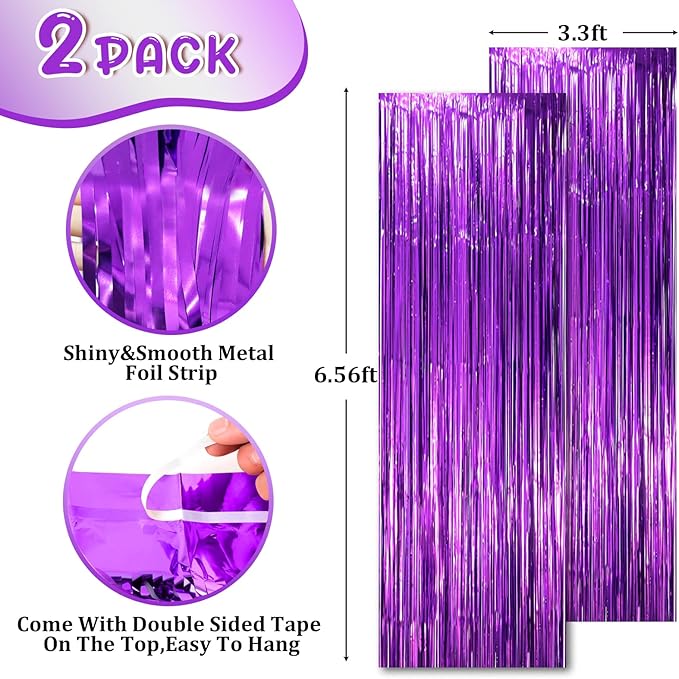 2 Pack Purple Tinsel Foil Fringe Curtains, Metallic Tinsel Party Streamers - Image 2