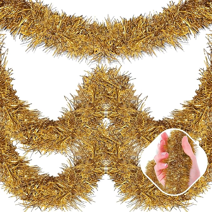 50 Feet Champagne Gold Christmas Tinsel Garland, Metallic Foil Twist Garland by AIKENLIN
