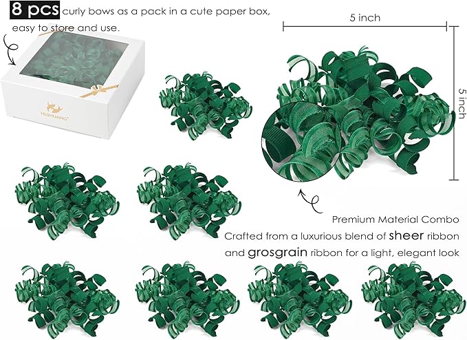HUIHUANG Green Christmas Bows for Gift Wrapping Curly Gift Bow 5 inch x 8 - Image 3