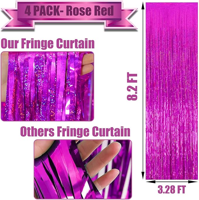 4 Pack Fuchsia Tinsel Foil Fringe Curtain Backdrop, 3.28Ft x 8.2Ft Metallic - Image 2