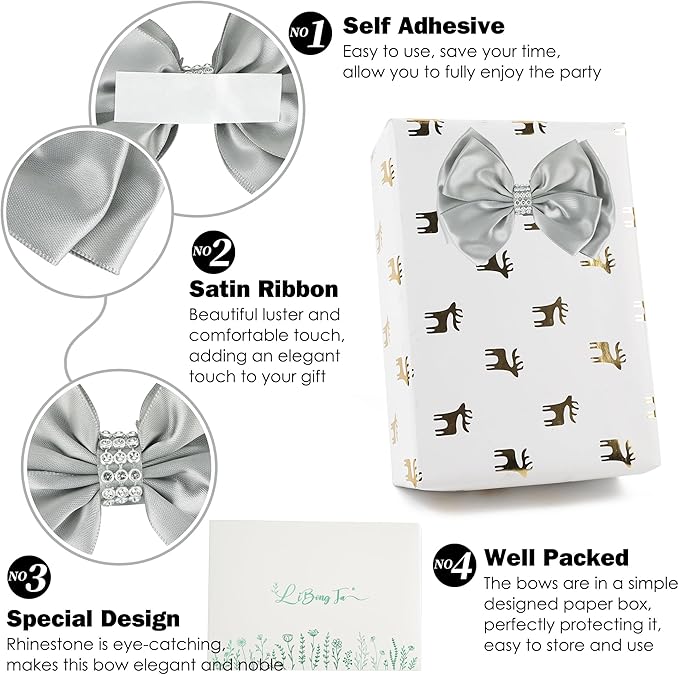 Silver Satin Bows 4'' Premade Ribbon Bow, Wrapping Bows - Image 3