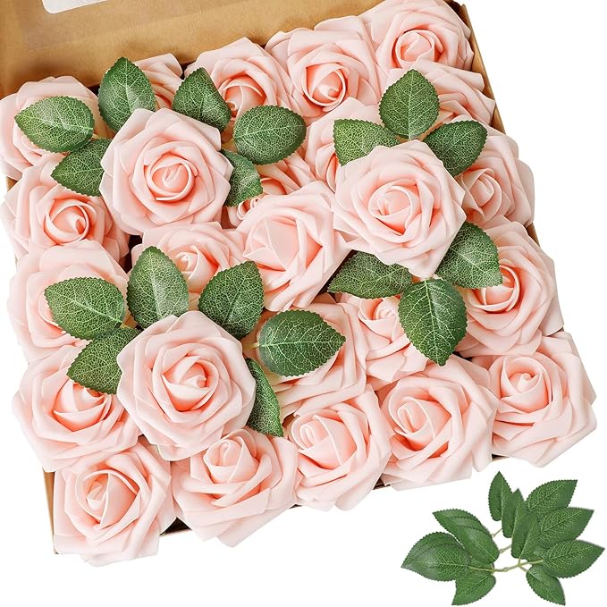 AmyHomie Artificial Flower Blush Pink Rose 50pcs Real Looking Fake Roses w/Stem by AmyHomie
