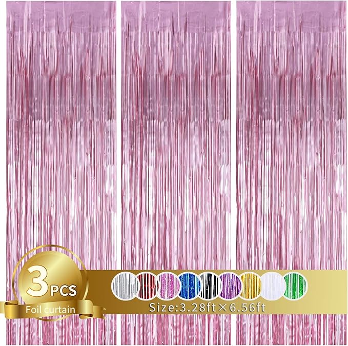 3Pcs Pink Metallic Tinsel Foil Fringe Curtains, 3.28ft x 6.56ft Pink Photo by TONIFUL