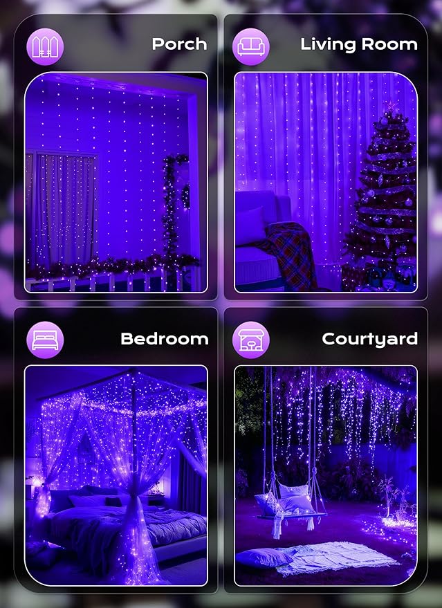 Brightown 300 LED Purple Fairy Curtain Lights, 9.8ft x 9.8ft Curtain String - Image 7