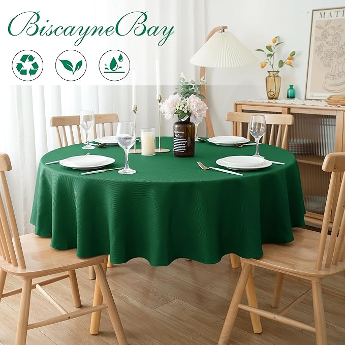 Biscaynebay Textured Fabric Round Christmas Tablecloths 70", Hunter Green Water - Image 2