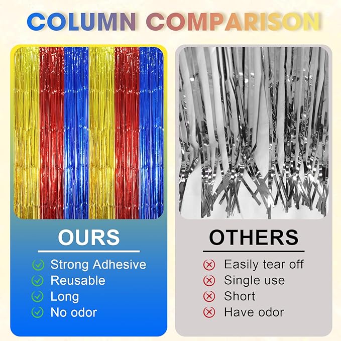 3 Pack 3.3 x 8.2 ft Blue Red Gold Foil Fringe Backdrop Curtains, Tinsel - Image 4