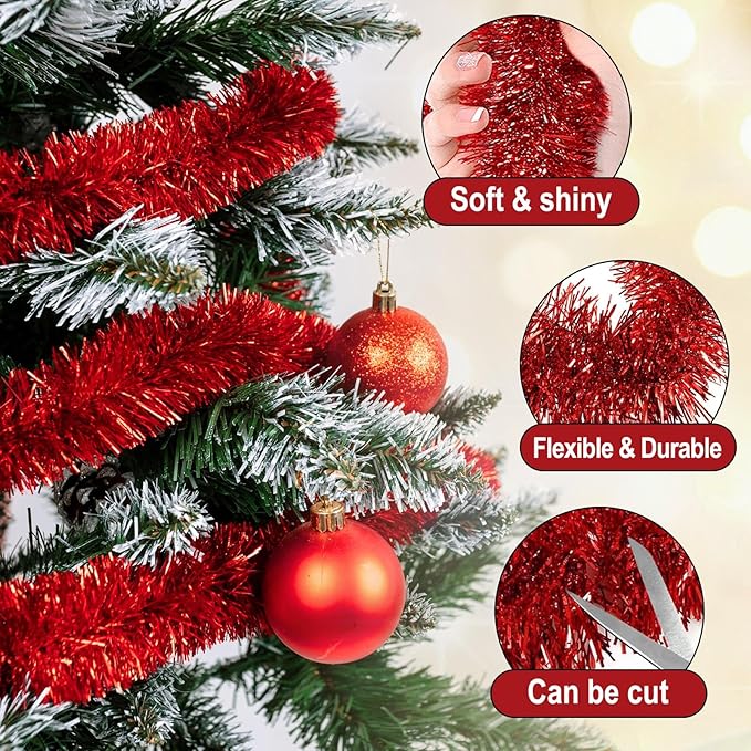 50 Feet Red Christmas Tinsel Garland, Metallic Foil Twist Garland Wall Hanging - Image 3