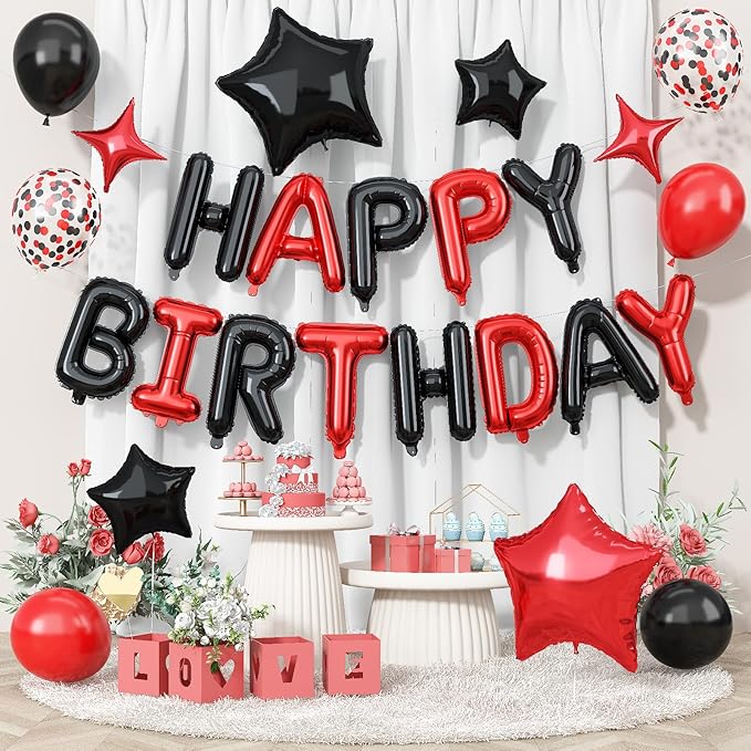 Happy Birthday Balloon Banner Red and Black, 16 Inch Mylar Foil Letter Balloons by Togvu