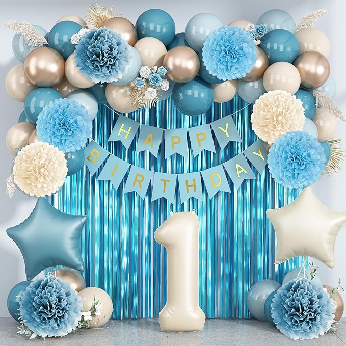 Dusty Blue 1st Birthday Decorations Beige Cream Number 1 Balloon by KAINSY