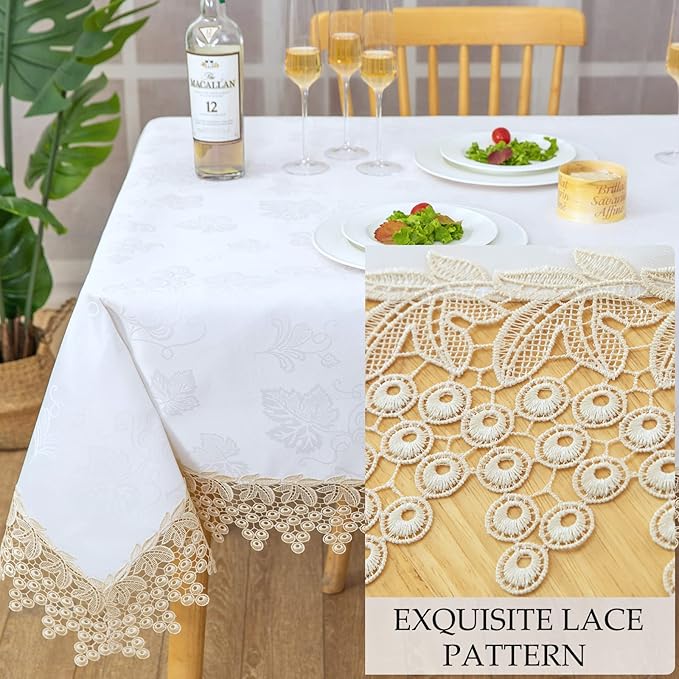 Beige lace Premium Rectangle Farmhouse Tablecloth Waterproof OilProof - Image 3