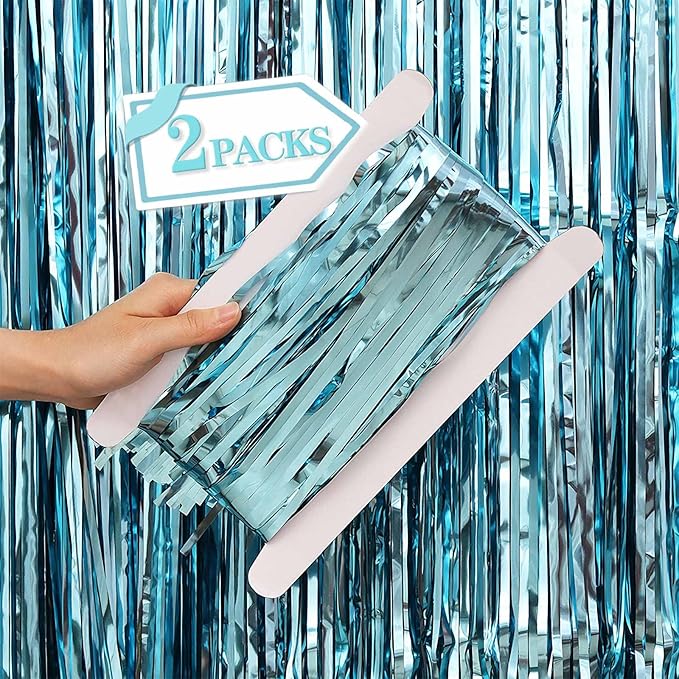 2 Pcs Light Blue Metallic Tinsel Foil Fringe Curtains Backdrop, 3.28 ft x 6.56 by VHUWE