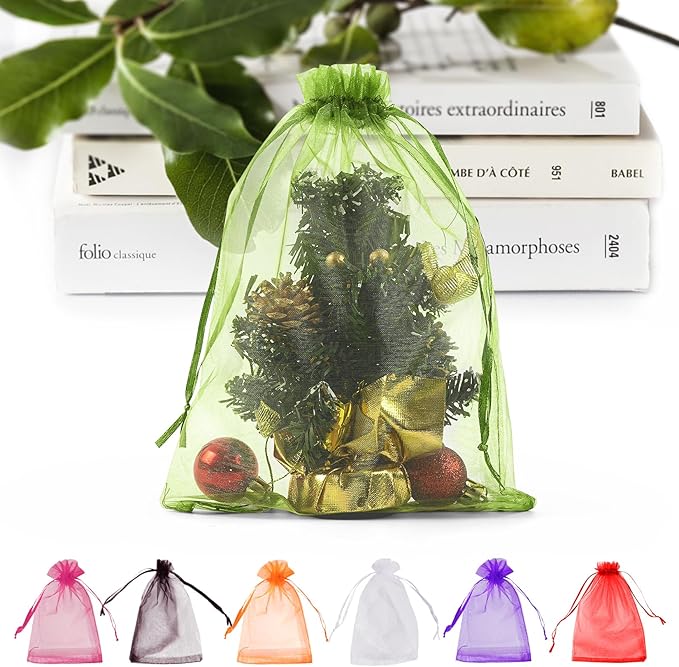 ANZNKU 50 Pack Green Organza Bags 6x9 inches Mesh Bags Drawstring, Gift Pouch by ANZNKU