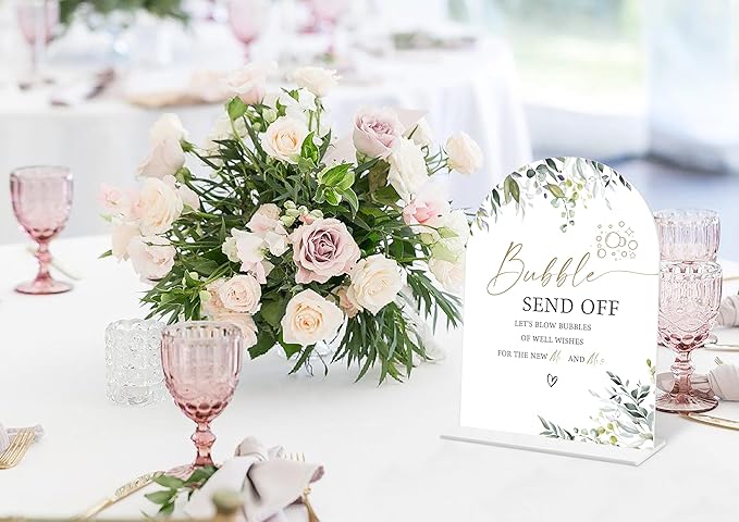 Greenery Bubble Send Off Sign, 6 x 8 Inch White Arch Acrylic Wedding Sign - Image 5