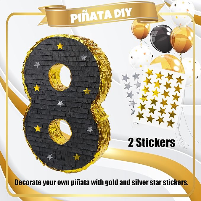 PCFING 20 Inch Number 8 Piñata Gold Black - Image 3