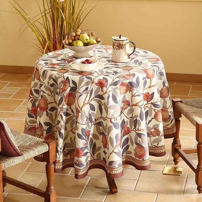 patdrea Designer Linen Small Round Tablecloth, Vintage Pomegranates and Leaves - Image 2