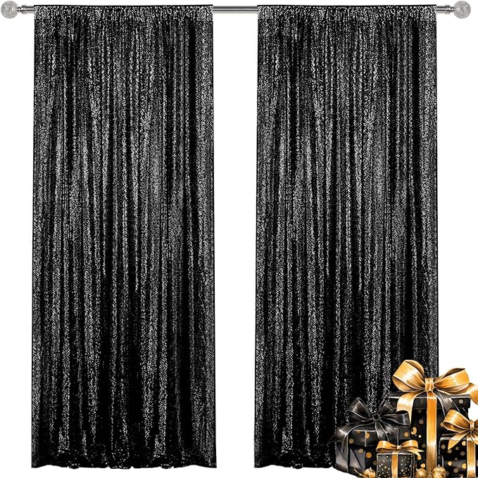 Black Sequin Backdrop Curtain 2 Pieces 2FTx8FT Glitter Photography Backdrop by Unknown