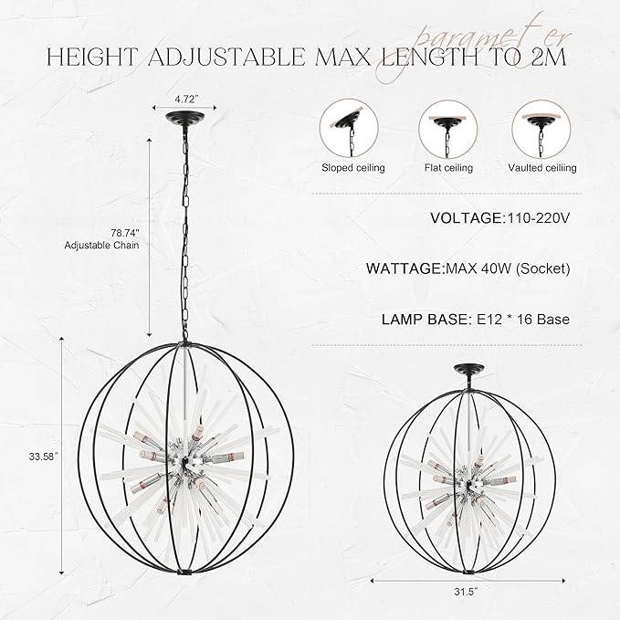 31.5" Black Chrome 16-Light Globe Sputnik Chandelier Modern Adjustable Hanging - Image 2