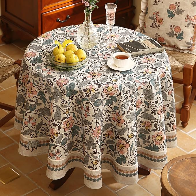 ISAENNE Designer Boho Floral Round Tablecloth, Linen Lotus Flower Pattern - Image 7