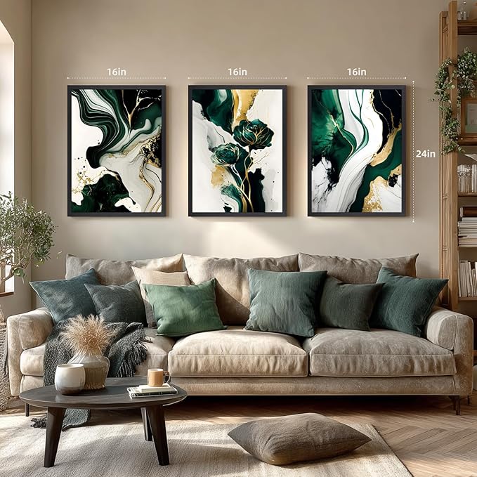 IAFWZX Wood Framed Green Gold Abstract Wall Art, Emerald Marble Textured Wall - Image 4
