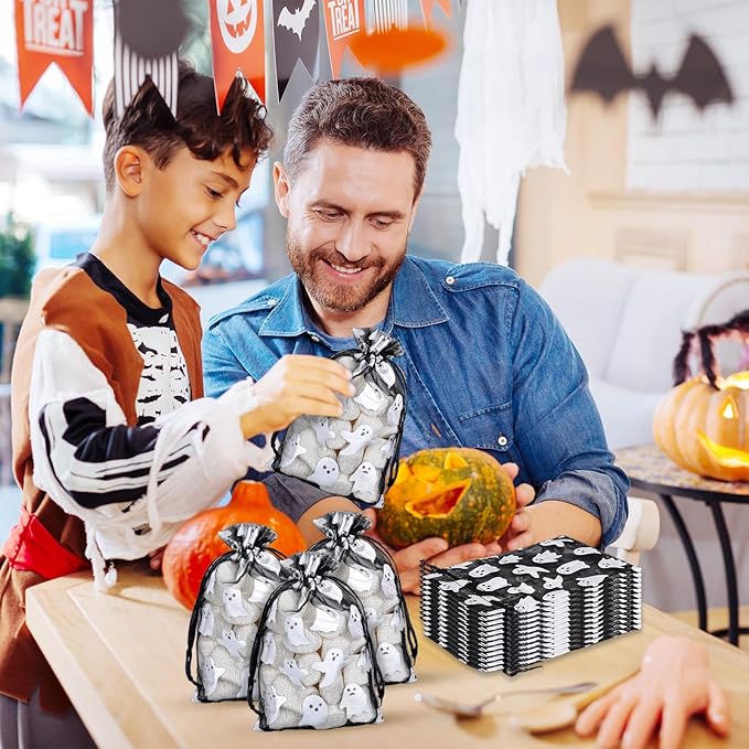 Whaline 100Pcs Halloween Organza Drawstring Bags Cute Foil Silver Ghost Jewelry - Image 5