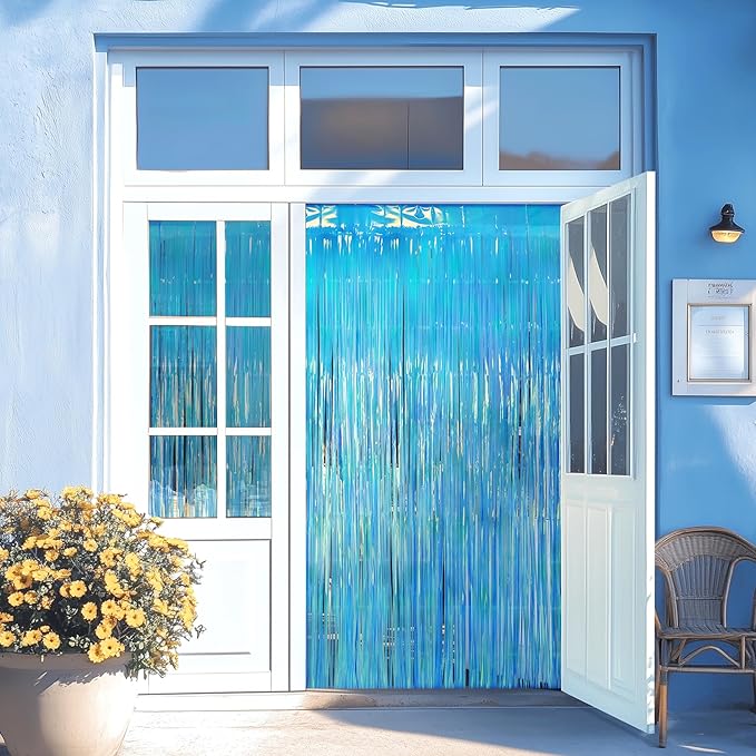 2 Pack Blue Iridescent Streamers Backdrop, 3.3x6.6ft Foil Fringe Curtains - Image 7