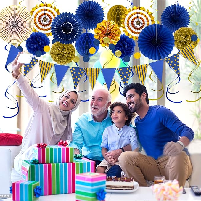 Blue Gold Party Decorations Paper Fans, Graduation Season Hanging Glitter - Image 7
