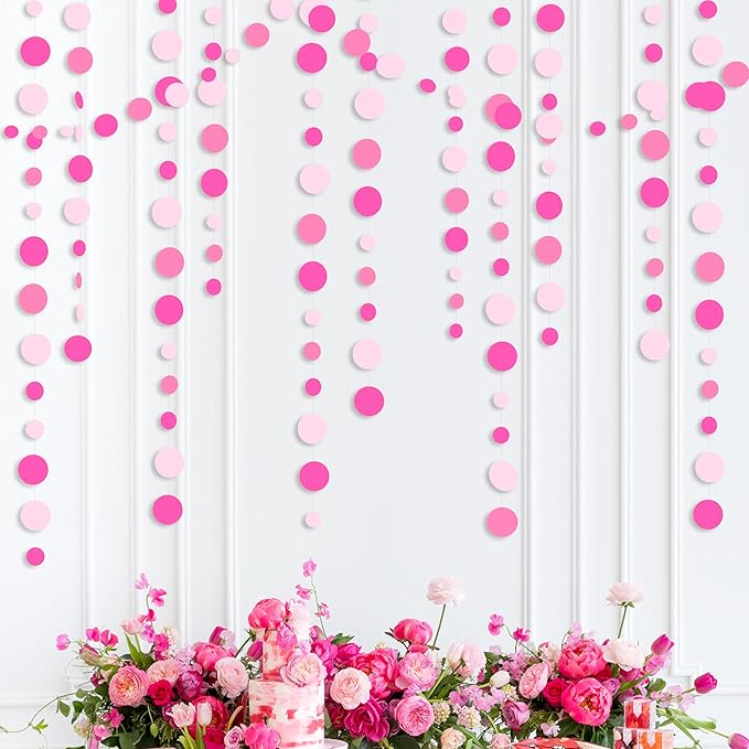 Hot Pink Party Decorations Circle Dots Garland Rose Pink White Hanging Paper - Image 3