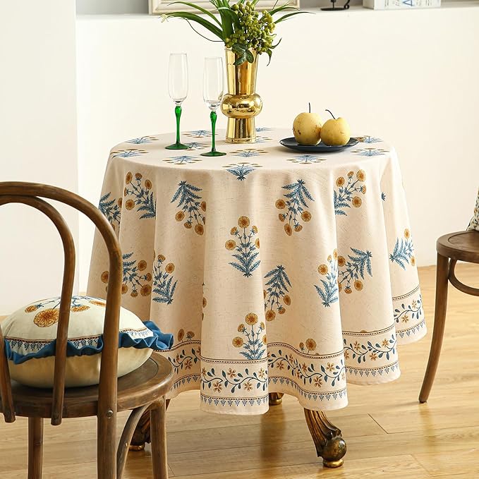 ISAENNE Designer French Pale Yellow Small Round Tablecloth, Linen Floral Table - Image 9