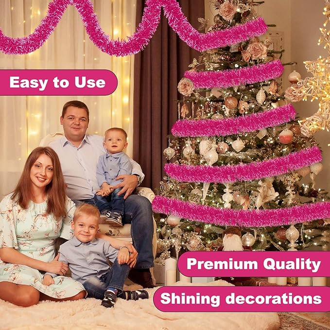 25 Feet Pink Christmas Tinsel Garland, Metallic Foil Twist Banner Wall Hanging - Image 4