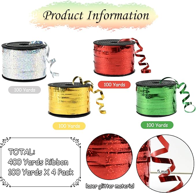 BEISHIDA 4 Pack Christmas Curling Ribbons Red Green Gold Silver Balloon String - Image 2