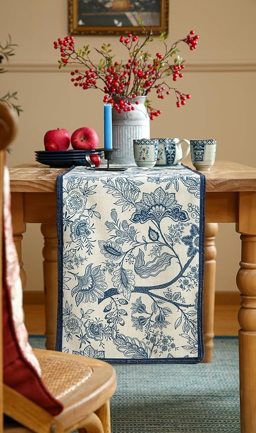 ISAENNE Designer Chinoiserie Elegant Linen Table Runner 71 Inches Long - Image 6
