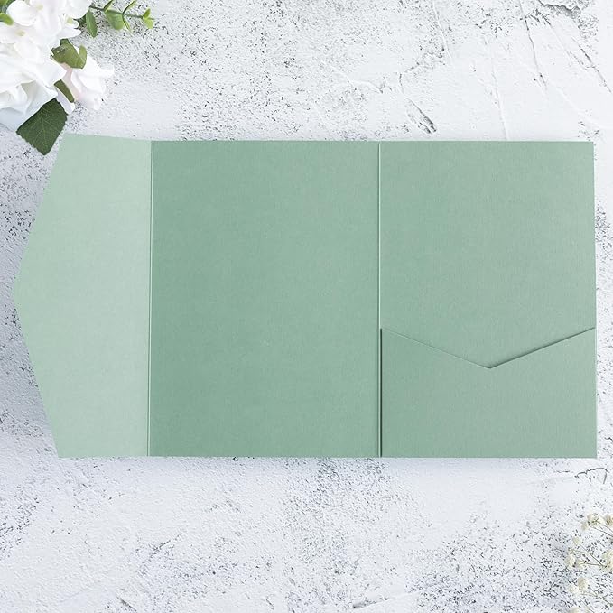 20 PCS Sage Green Tri-fold Laser Cut Wedding Invitation Pockets - Image 3