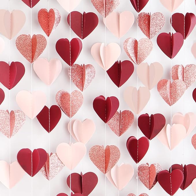 Rose-Gold Pink Burgundy-Red 3D-Heart Garland - 39Ft Party Decorations Hanging by OURUOLA