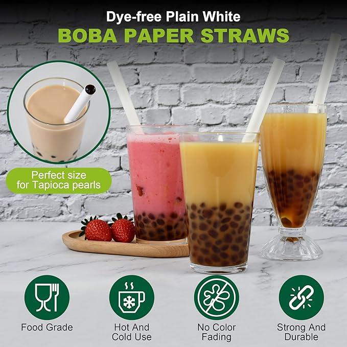 9 Inch Individually Wrapped Disposable White Paper Boba Straws, Bubble Tea - Image 3