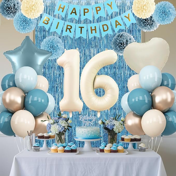 Dusty Blue 16th Birthday Party Decorations Boys Girls Beige Cream Number 16 - Image 2