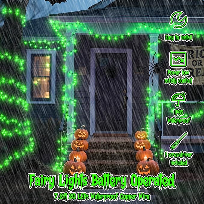 TingMiao Halloween Green Fairy Lights Battery Operate, 7.2ft 20 LEDs String - Image 3