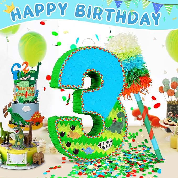 Number 3 Pinata for Birthday Party Decorations, Jungle Dinosaur Piñata Games Toy - Image 2